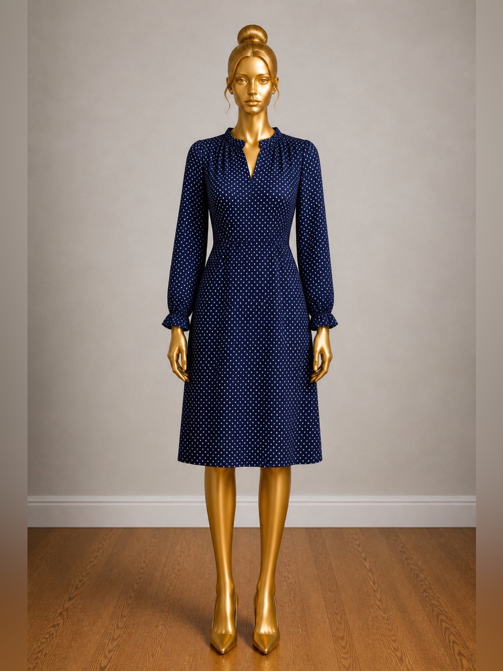 H&M Dark Blue Polka Dot Long Sleeve Dress